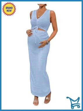 Maternity 2 Piece Outfits Textured Drawstring Tie Knot Tank Top Bodycon Maxi